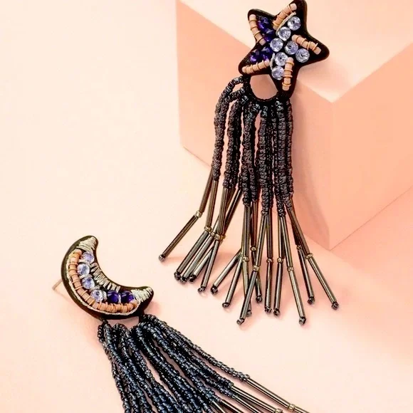 Stella & Dot | ⭐️🌛 LTD ED. Hand Embroidered Star & Moon Chandelier Earri… - Picture 2 of 8